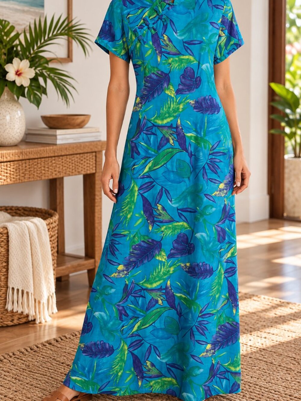 Sheri Martin Vintage Women’s 10 Blue Tropical Floral Rayon Maxi Dress Hawaiian
